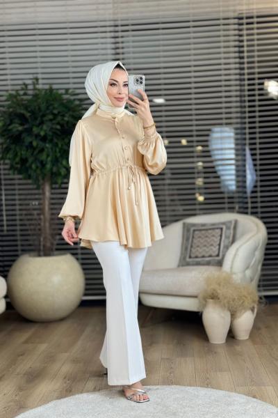 10418 Saten Pat Düğmeli Bel Bağcıklı Tunik Bej