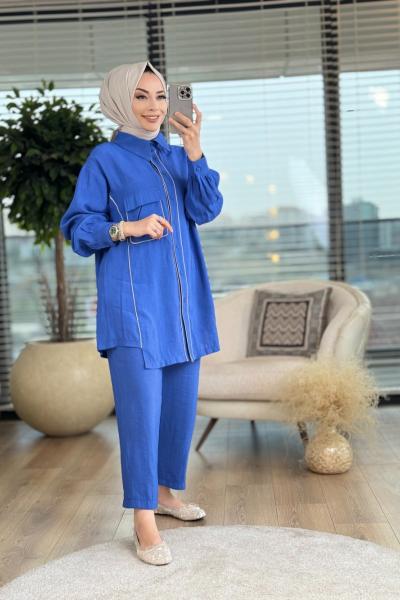10419 Ön Düğmeli Biye Detaylı Takım İndigo