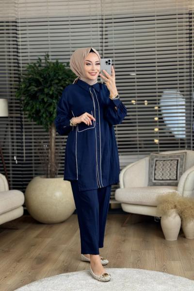 10419 Ön Düğmeli Biye Detaylı Takım Lacivert