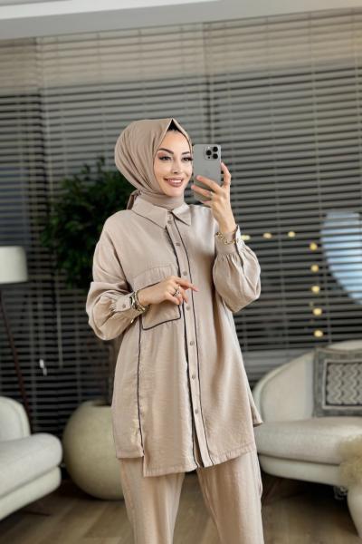 10419 Ön Düğmeli Biye Detaylı Takım Bej