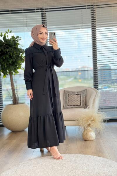 10425 Omuz Ve Manşet Dantel Detay Elbise Siyah