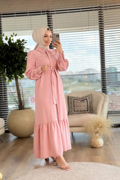 10425 Omuz Ve Manşet Dantel Detay Elbise Pembe