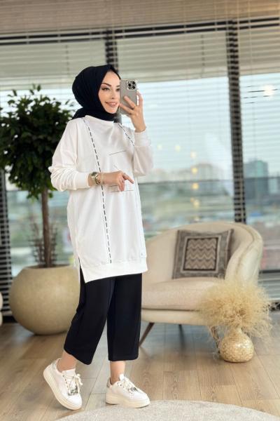 10425 Ön Boyuna Şerit Detaylı Tunik Ekru