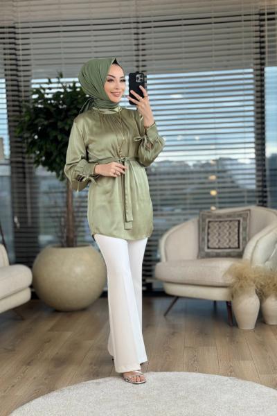 1043 Saten Kuşaklı Tunik Haki