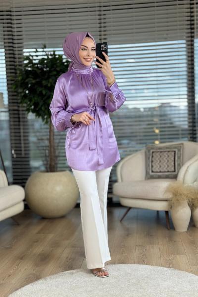 1043 Saten Kuşaklı Tunik Lila