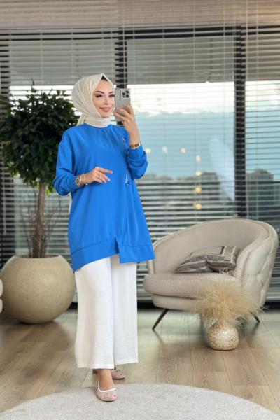 10431 Sağ Taraf Fermuarlı Ve Boncuk Detaylı Tunik İndigo