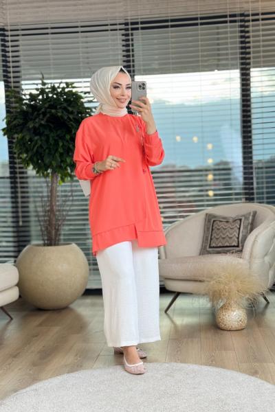 10431 Sağ Taraf Fermuarlı Ve Boncuk Detaylı Tunik Mercan