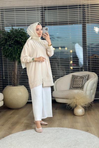 10431 Sağ Taraf Fermuarlı Ve Boncuk Detaylı Tunik Bej