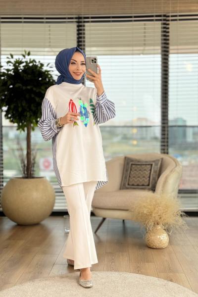 10435 Ön Balık Desenli Tunik Ekru