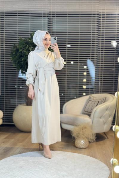 1044 Önden Bağlamalı Elbise Taş