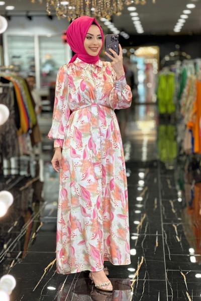 1044 Saten Çizgi Ve Puan Desen Önü Düğmeli Elbise Pembe