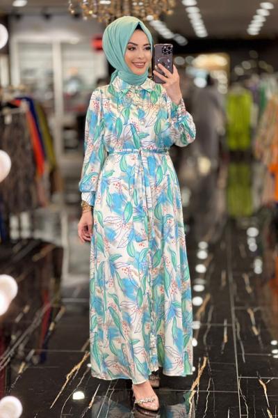 1044 Saten Çizgi Ve Puan Desen Önü Düğmeli Elbise Yeşil