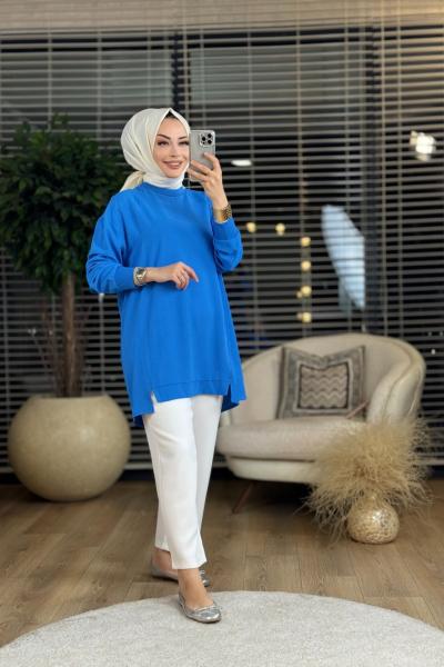 10454 Ayrobin Ön Yırtmaçlı Tunik İndigo