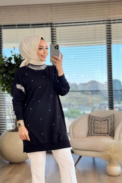 10457 Gümüş Detaylı Tunik Siyah