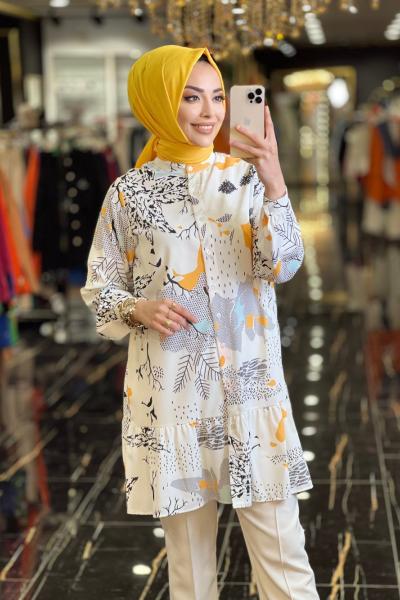 1046 Desenli Eteği Fırfırlı Tunik Ekru Hardal