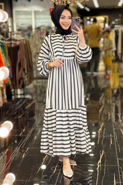 1046 Kalın Çizgili Keten Elbise Siyah