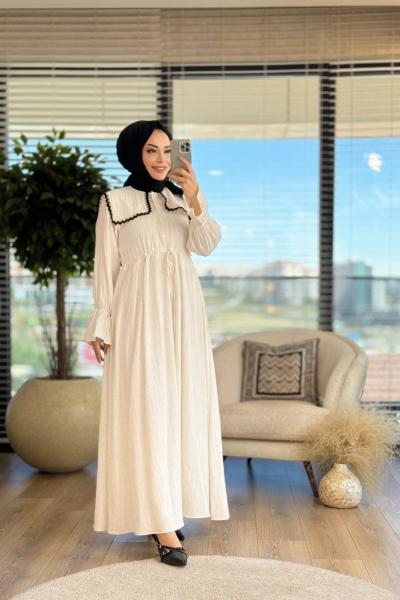 10471 Gofre Bebe Yaka Elbise Bej