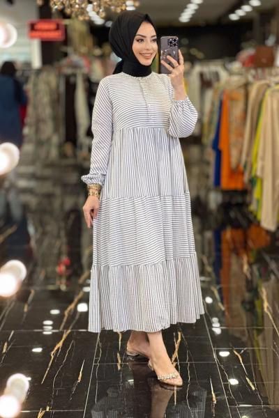 1048 İnce Çizgili Keten Elbise Siyah