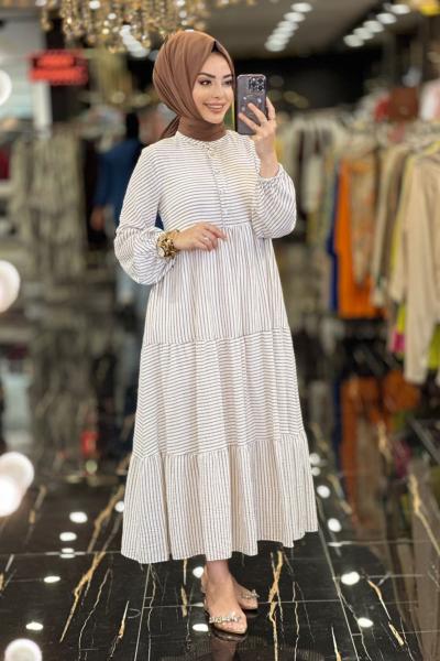 1048 İnce Çizgili Keten Elbise Kahve