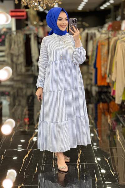 1048 İnce Çizgili Keten Elbise Mavi