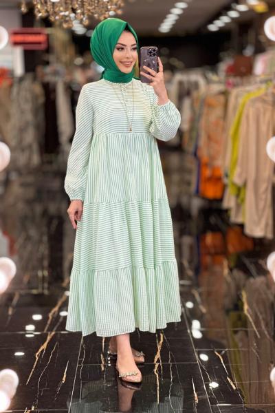 1048 İnce Çizgili Keten Elbise Benetton