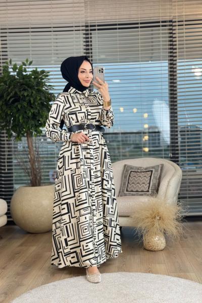 10483 Geometrik Desen Kemerli Elbise Ekru