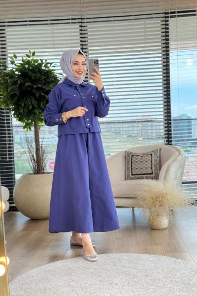 10484 Metal Düğmeli Etekli Takım Lacivert