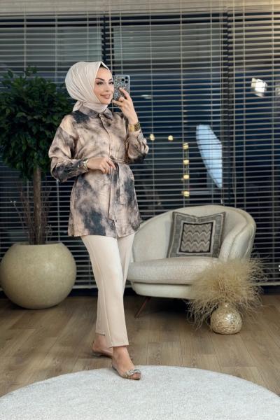 10486 Batik Desen Yaka Fularlı gömlek Bej Haki