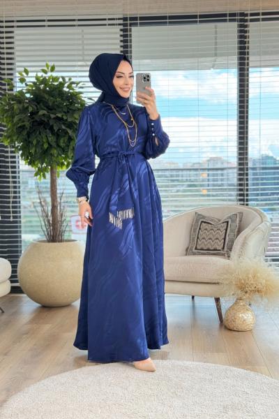 10488 Saten Kendinden Desenli Elbise Lacivert