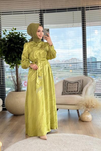 10488 Saten Kendinden Desenli Elbise Yağ Yeşili