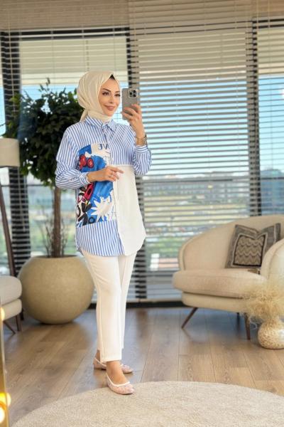 10489 Çizgili Önü Desen Parçalı Gömlek Mavi