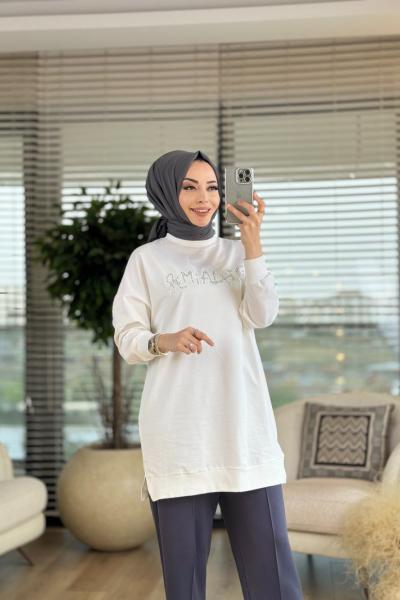 10493 Ön Taş Ve Nakış Yazılı Tunik Ekru