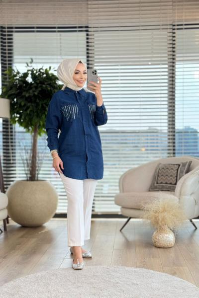 10497 Keten Cepleri Zımba Detaylı Gömlek İndigo