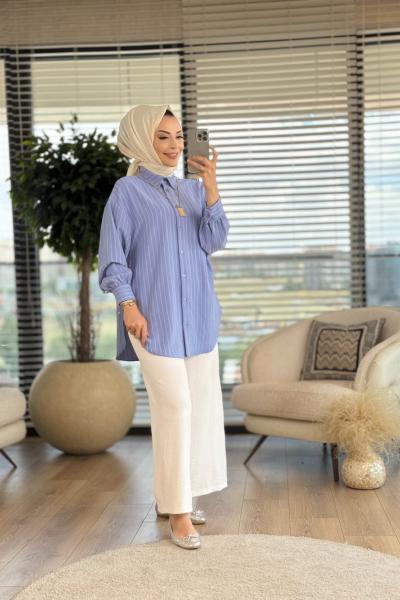 105 Kendinden Çizgili Gömlek Bebe Mavi