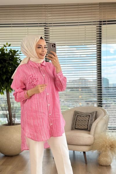 10514 Çizgili Çiçek Desenli Tunik Pembe