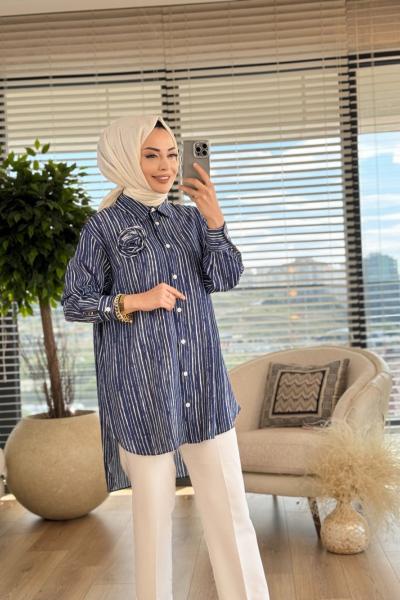 10514 Çizgili Çiçek Desenli Tunik Lacivert