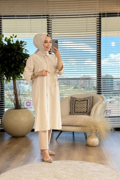 10516 Boyuna Kend. Şerit Detay Tunik Bej