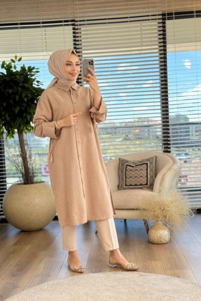 10516 Boyuna Kend. Şerit Detay Tunik Camel