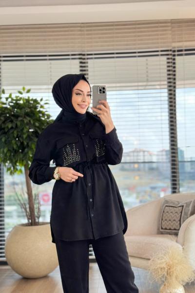 10529 Cep Taş Baskı Bel Büzgülü Gömlek Siyah