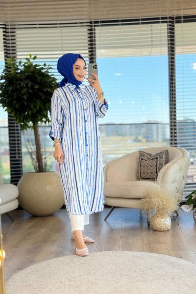 10544 Boyuna Batik Çizgili Tunik Mavi