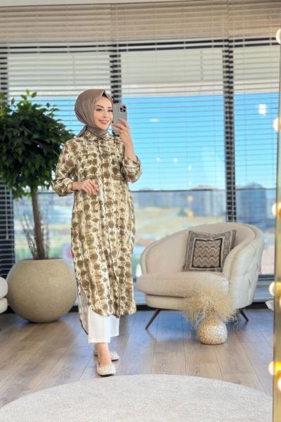 10547 Batik Desen Ön İki Cepli Uzun Tunik Haki