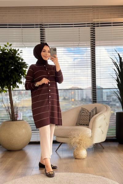 10548 Enine Sim Çizgili Hırka Kahve