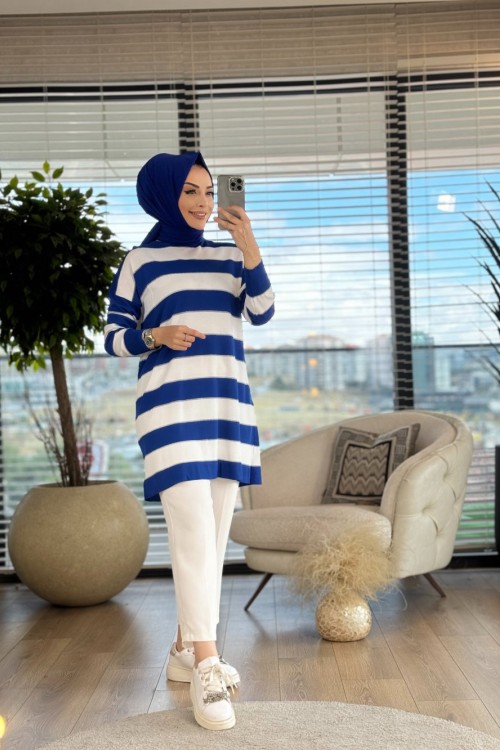10549 Enine Kalın Çizgili Triko Tunik Saks