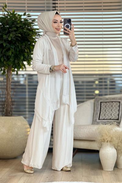 1055 İpek Krep Şal Yaka Pantolonlu Takım Ekru