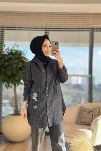 10551 Ön Kol Çizgili Kapşonlu Kısa Kap Antrasit