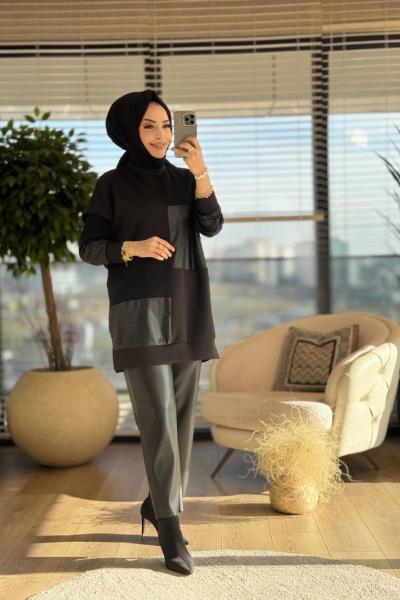 10558 Ön Deri Ve Triko Kare Parçalı Tunik Siyah