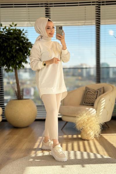 10559 Kol Ve Arka Sim Hasır Kumaş Tunik Ekru