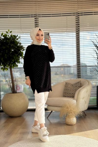 10565 Ön Serpme Taş Baskılı Tunik Siyah