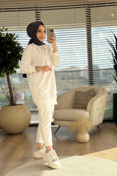10565 Ön Serpme Taş Baskılı Tunik Ekru