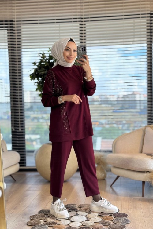 10568 Yanları Taş Baskılı Takım Bordo